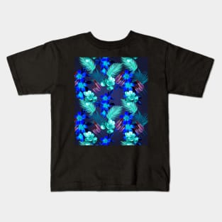 Palm Leaves And Flowers, Blue Navy Kids T-Shirt